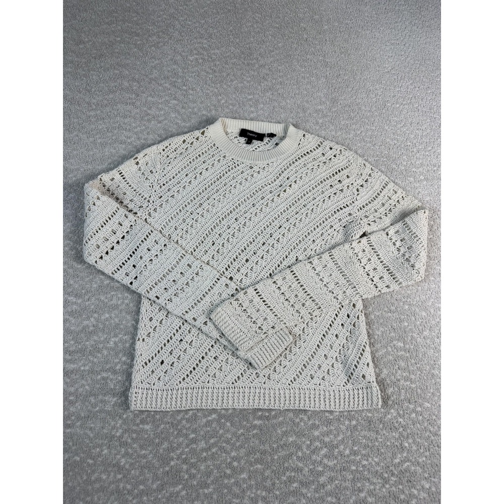 Theory Sweater Womens P White Crochet Open Knit Crew‎ Neck Long Sleeve Pullover